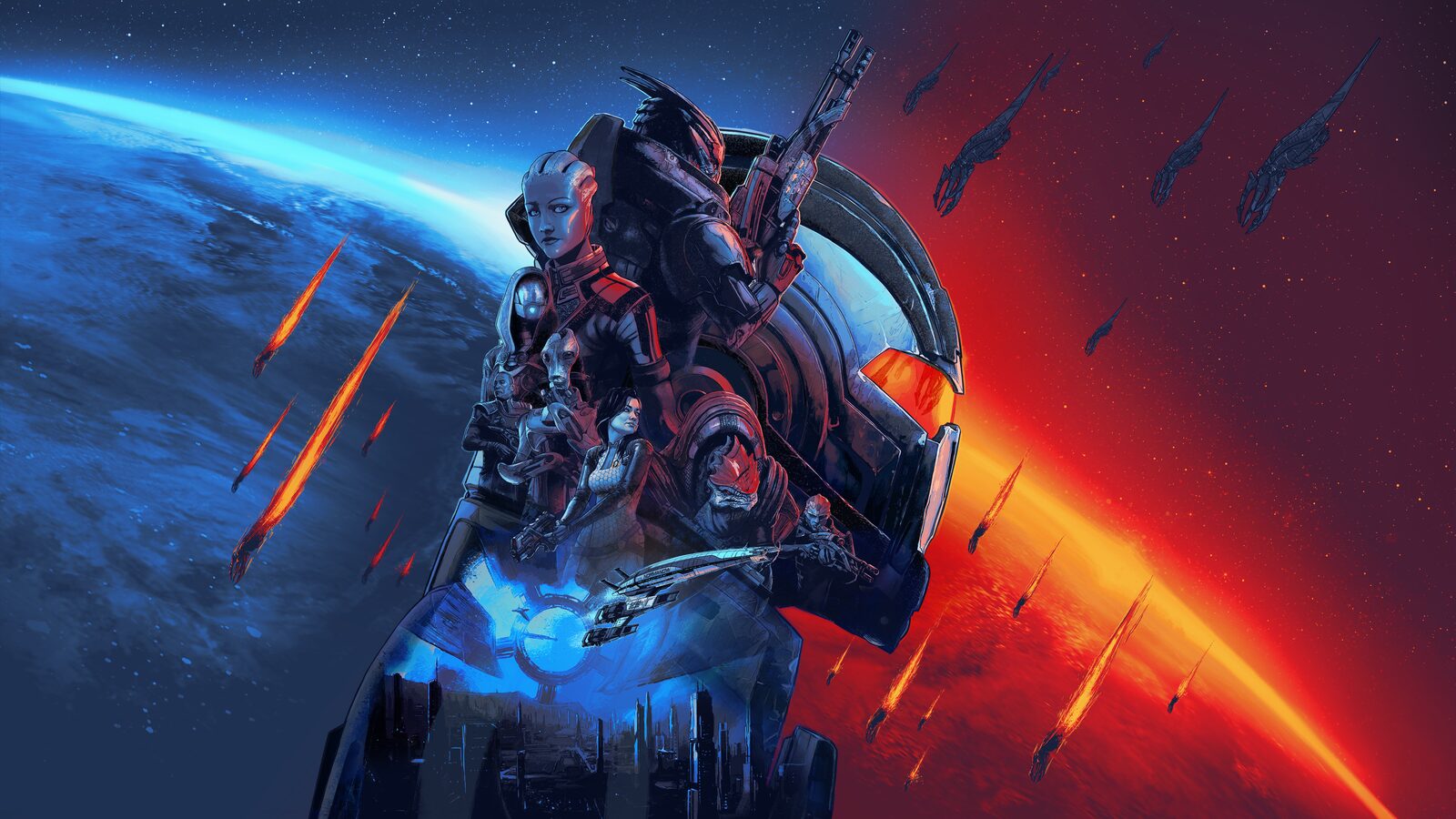 Officiële key art van Mass Effect Legendary Edition met commandant Shepard voor een rode planeet