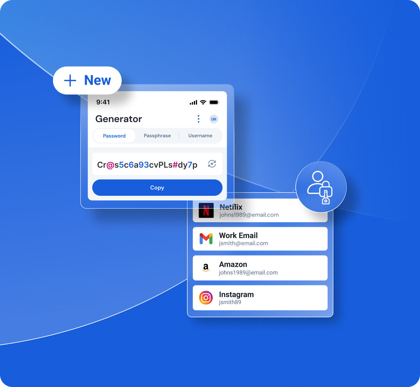 Passwortgenerator in der Bitwarden-App mit einer Liste gespeicherter Zugangsdaten auf blauem Hintergrund