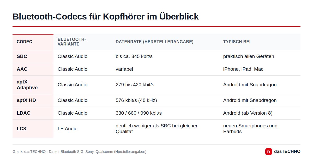Grafik: dasTECHNO · Daten: Bluetooth SIG, Sony, Qualcomm (Herstellerangaben) Bluetooth-Codecs für Kopfhörer im Überblick