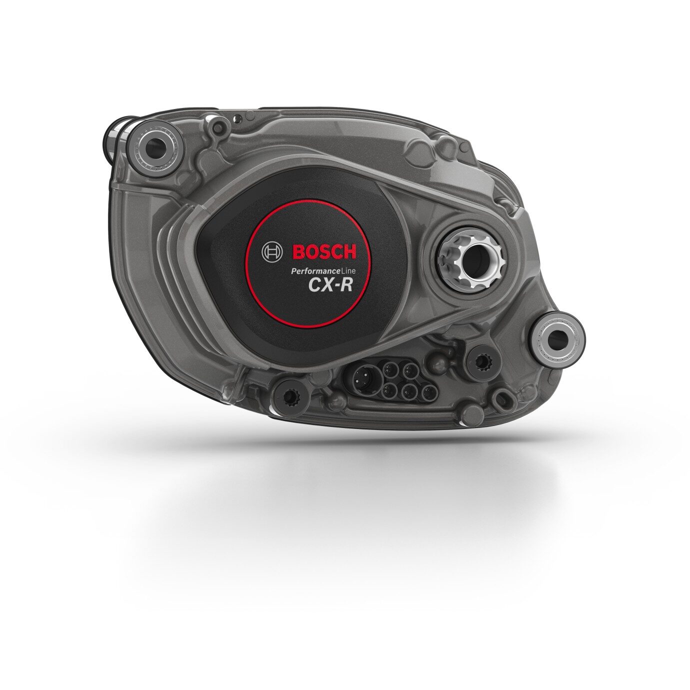 De Bosch Performance Line CX-R-middenmotor in donkergrijze behuizing met rood Bosch-logo