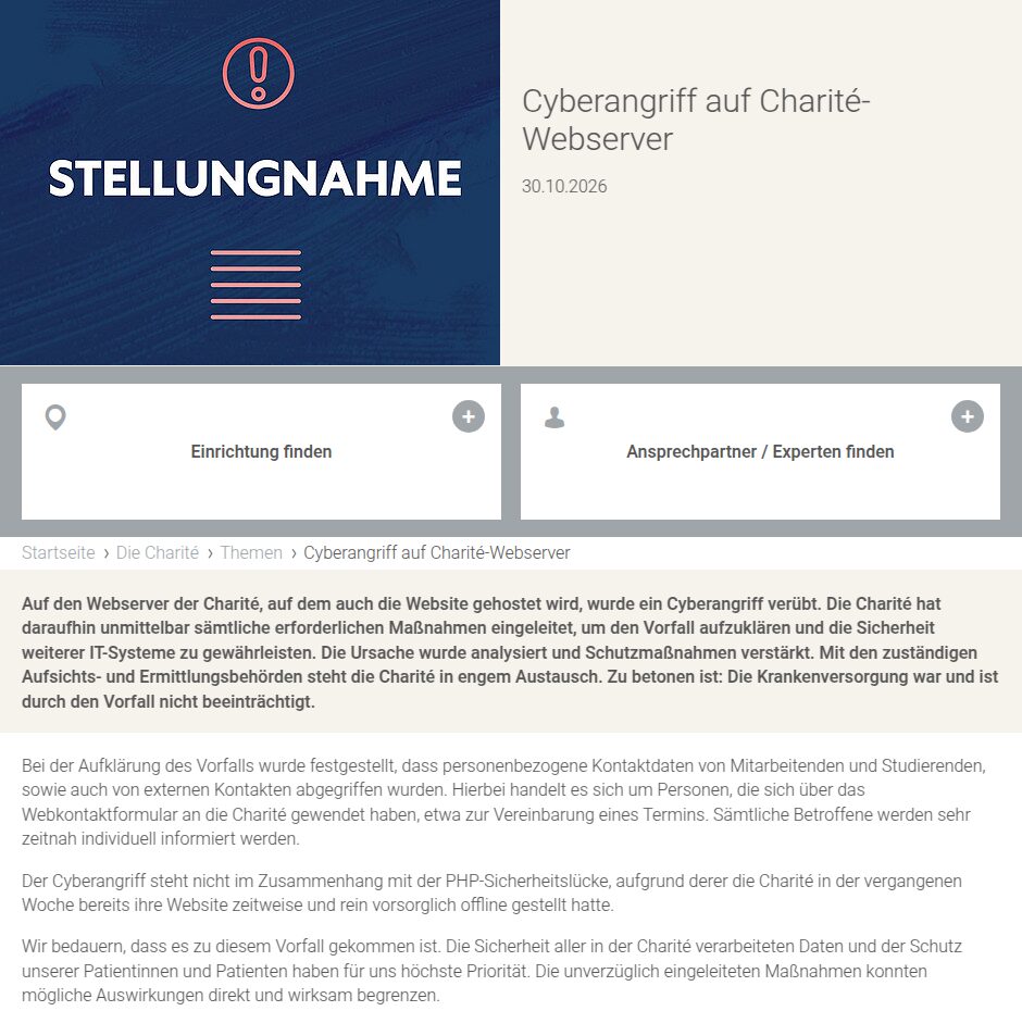 Stellungnahme der Charité zum Cyberangriff auf ihren Webserver