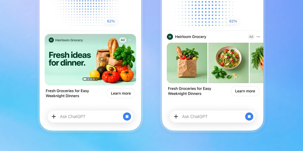 Due schermate di smartphone con l'interfaccia di ChatGPT e un annuncio di esempio di una catena di supermercati contrassegnato come "Ad"
