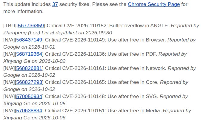 Liste der sieben kritischen Lücken in Googles offizieller Mitteilung zu Chrome 155