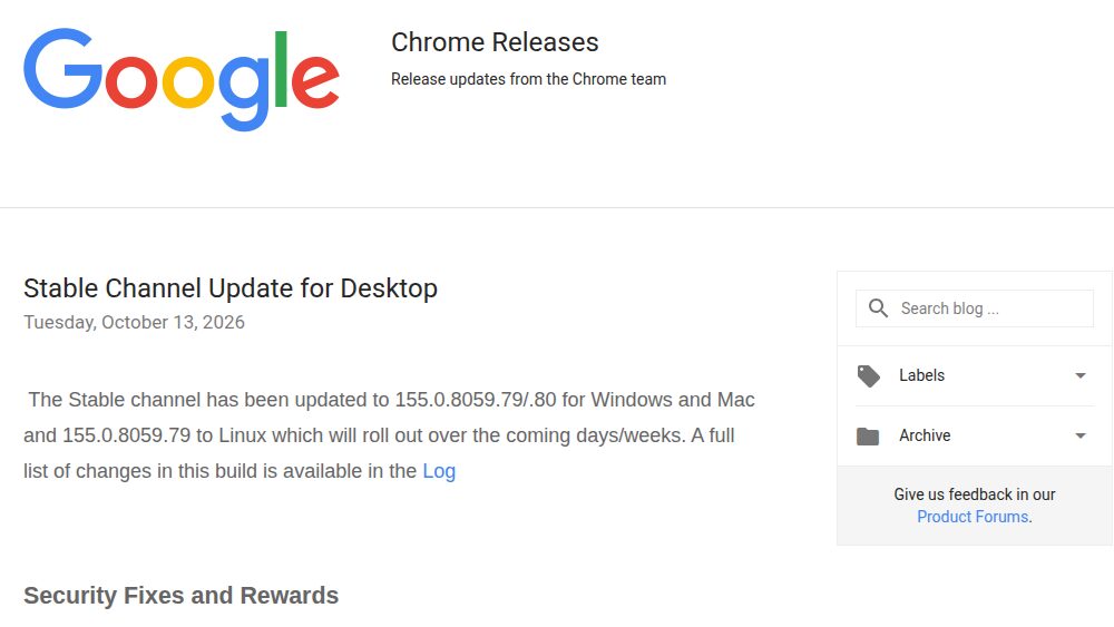 Ausschnitt aus Googles Chrome-Releases-Blog mit der Ankündigung des Stable-Updates auf Version 155.0.8059.79/.80