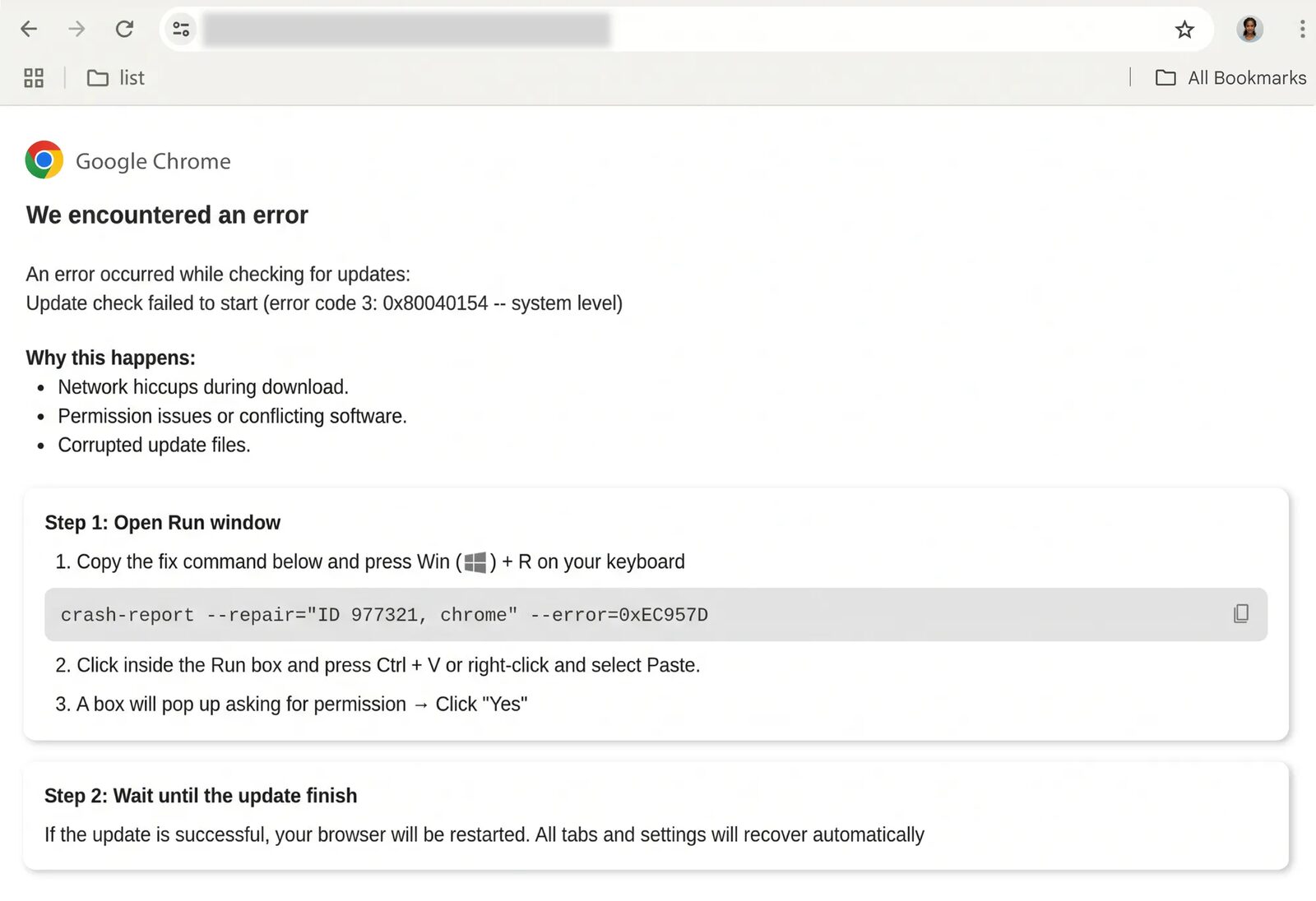 Sahte "We encountered an error" Chrome hata sayfası: kullanıcıdan bir komutu kopyalayıp Win+R ile çalıştırması isteniyor