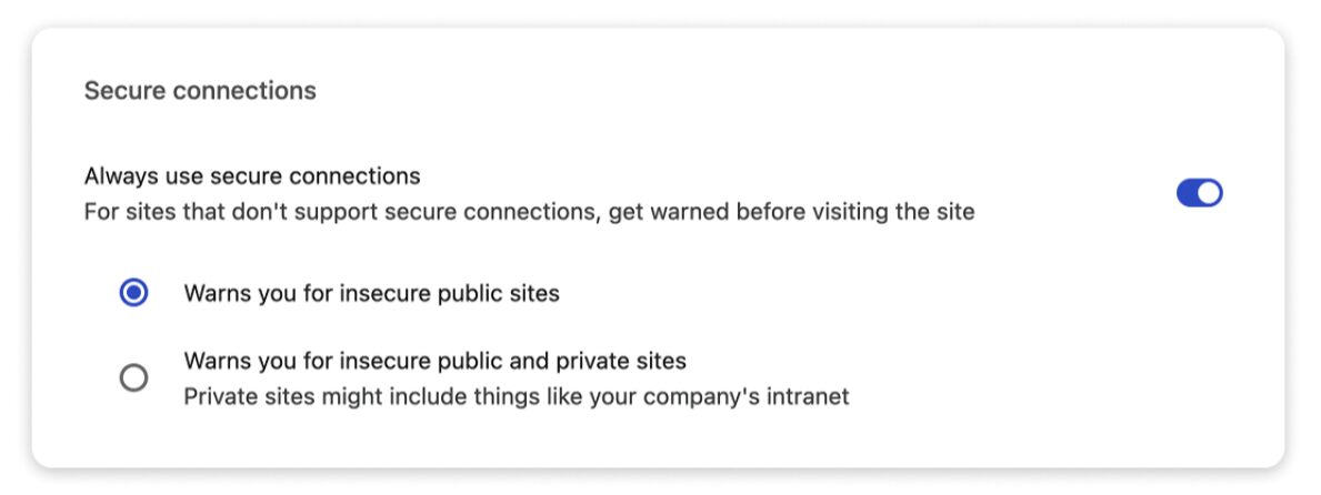 Chrome ayarlarındaki "Güvenli bağlantılar" bölümü ve "Her zaman güvenli bağlantı kullan" anahtarı