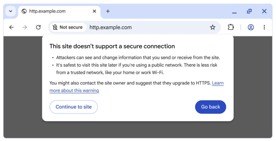Chrome'un HTTPS desteklemeyen bir siteye girmeden önce gösterdiği "Bu site güvenli bağlantıyı desteklemiyor" uyarı penceresi