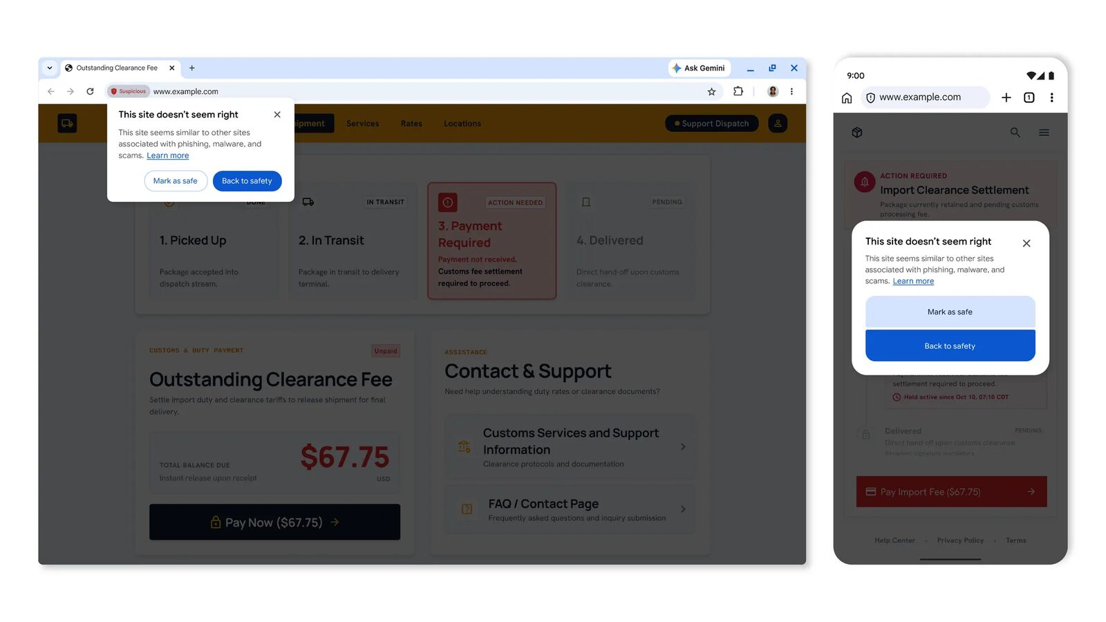 Chrome'un sahte bir gümrük ödeme sayfasında gösterdiği "Bu site doğru görünmüyor" şüpheli site uyarısı, masaüstü ve telefon görünümü