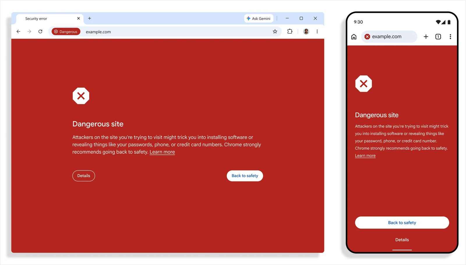Chrome'un masaüstü ve telefonda gösterdiği kırmızı "Dangerous site" (tehlikeli site) uyarı ekranı