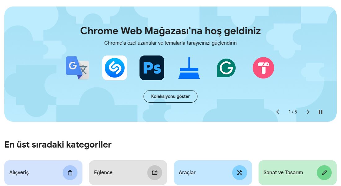 Chrome Web Mağazası'nın Türkçe ana sayfası ve uzantı kategorileri