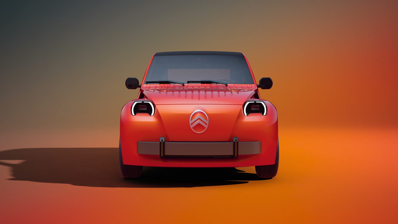 Turuncu-kırmızı Citroën 2CV Concept'in yuvarlak farlı önden görünümü