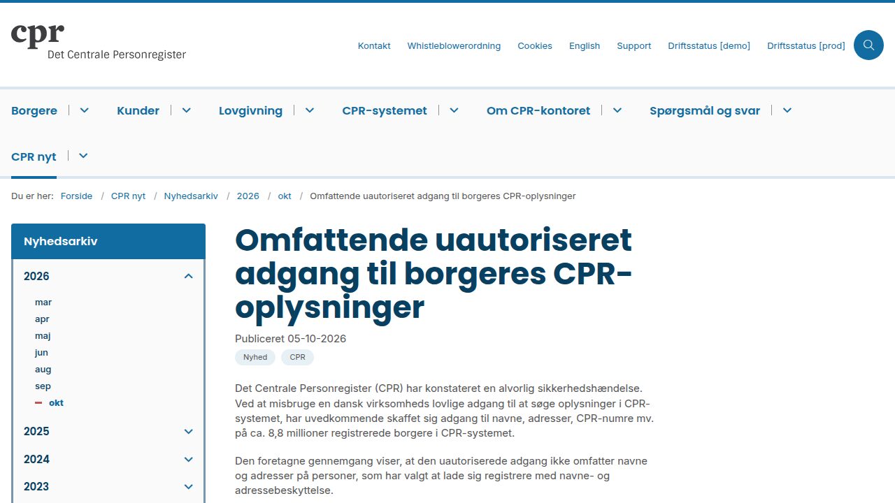 Mitteilung des dänischen Zentralen Personenregisters CPR zum unbefugten Zugriff auf Bürgerdaten vom 5. Oktober 2026
