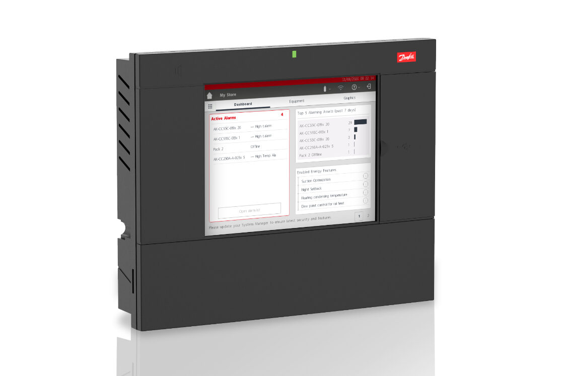 Un controller Danfoss della serie AK-SM, la centralina che gestisce la refrigerazione di un supermercato