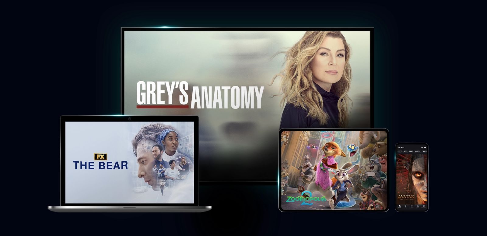 Immagine ufficiale di Disney+ con l'app su televisore, portatile, tablet e smartphone