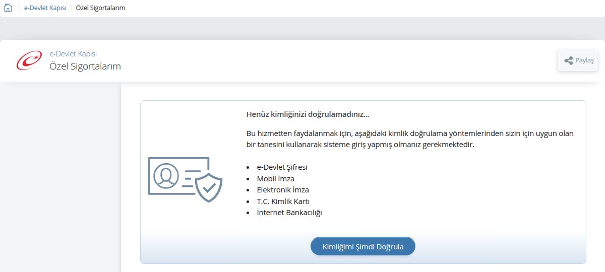 e-Devlet Kapısı'ndaki Özel Sigortalarım hizmetinin giriş ekranı ve kimlik doğrulama yöntemleri (ekran görüntüsü)