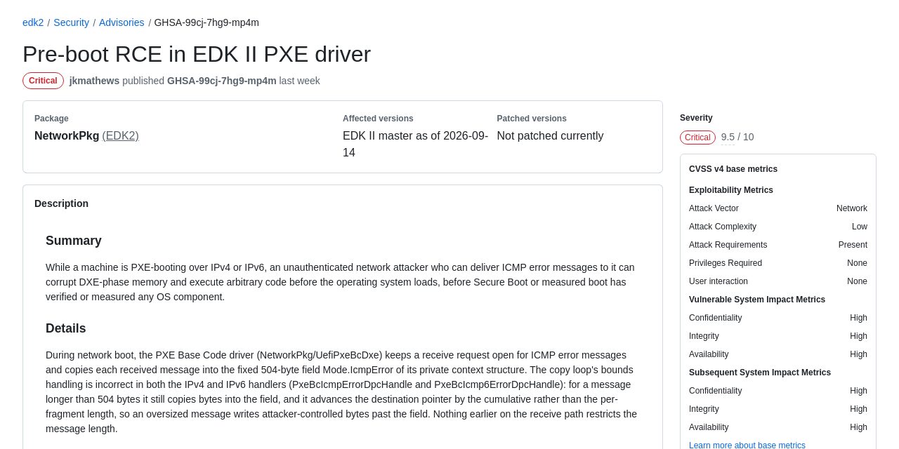 Sicherheitshinweis „Pre-boot RCE in EDK II PXE driver“ von TianoCore auf GitHub mit der Einstufung Critical 9,5 von 10