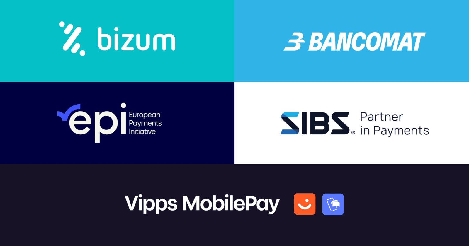 I loghi di Bizum, Bancomat, EPI, SIBS e Vipps MobilePay, i cinque fondatori della European Network for Payments