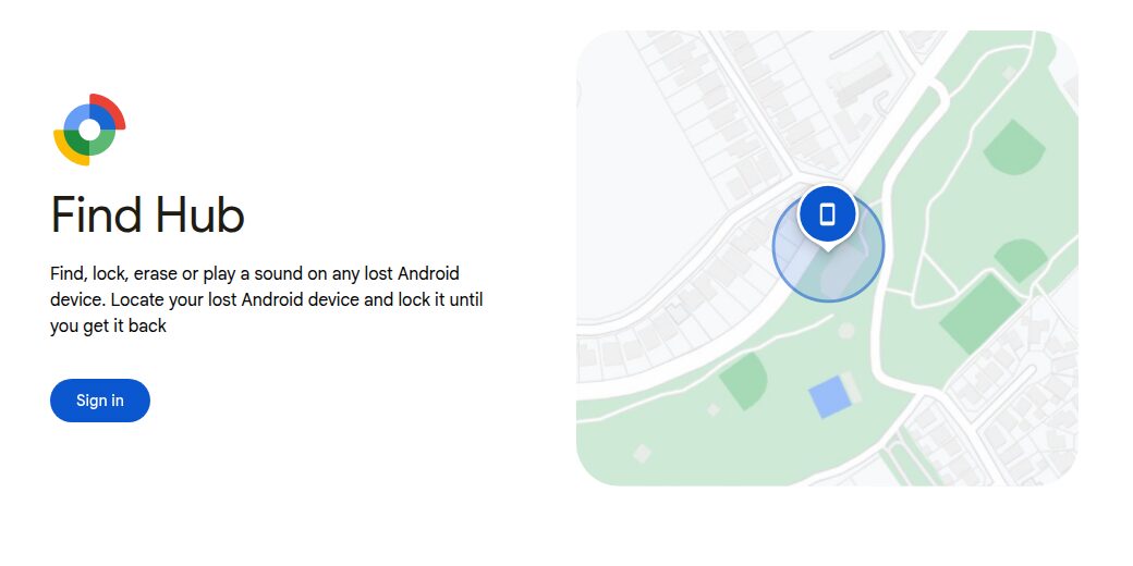 Startseite von Google Find Hub mit Kartenausschnitt und markiertem Smartphone-Standort