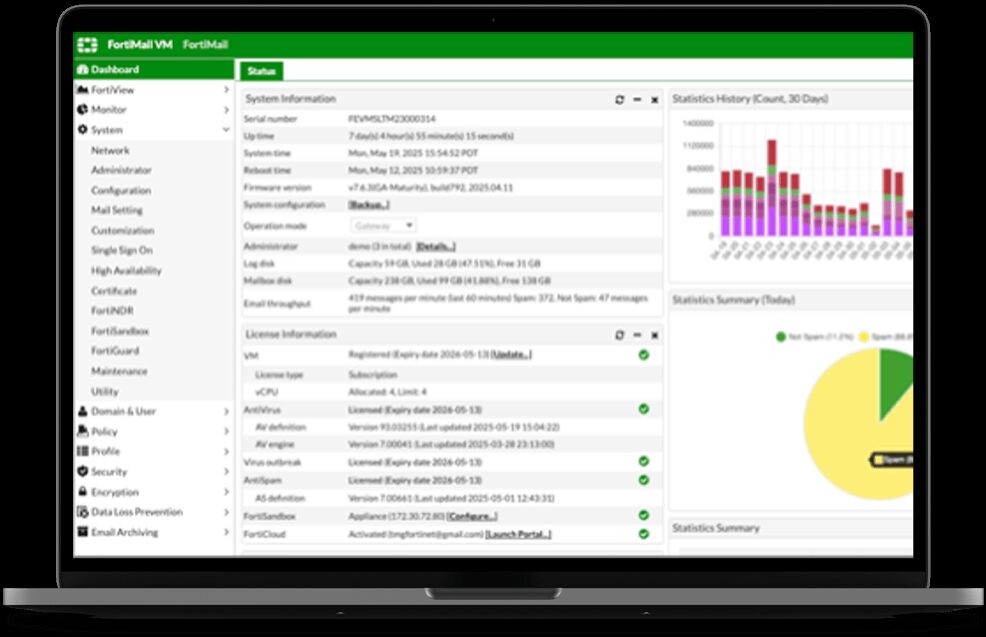 Laptop mit geöffnetem Dashboard der FortiMail-VM-Verwaltungsoberfläche