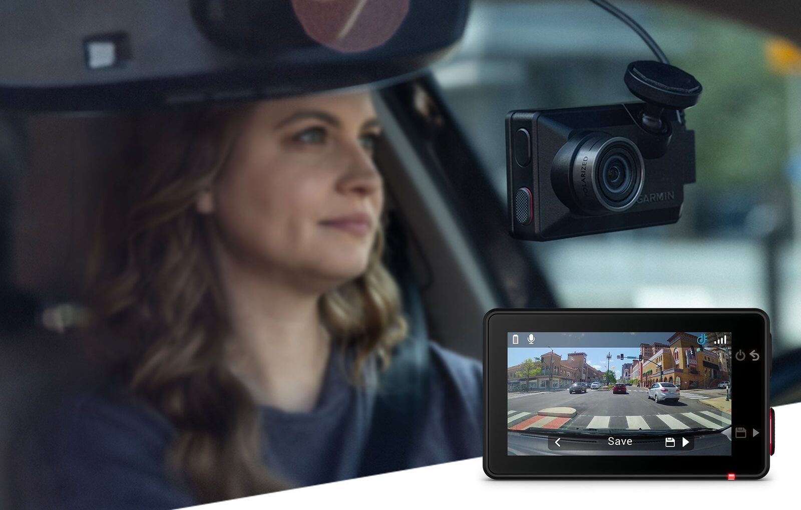 Ön cama takılı küçük bir Garmin araç kamerası ve ekranında kaydedilen yol görüntüsü