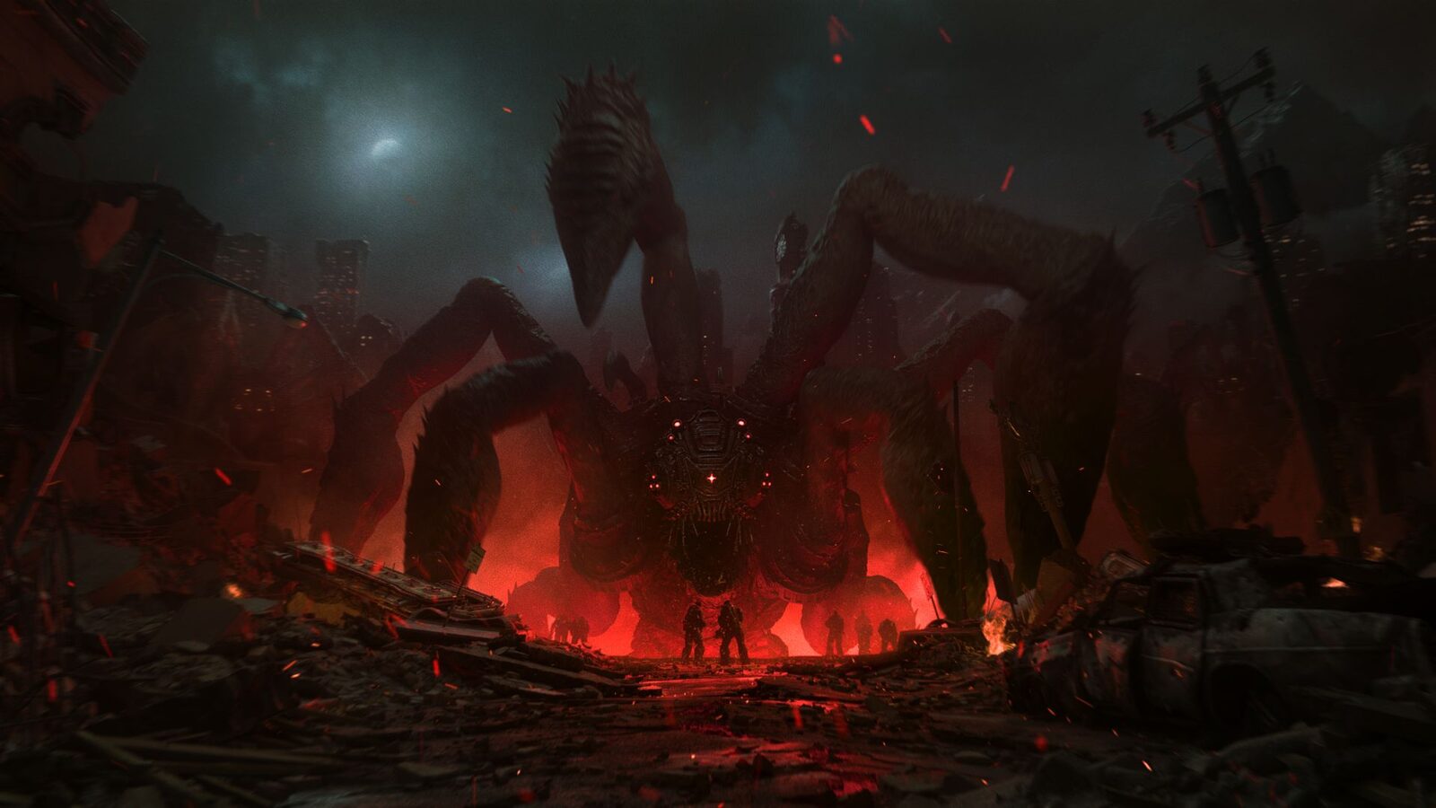 Gears of War: E-Day'den yıkılmış bir şehirde dev Locust yaratığının karşısında duran askerler