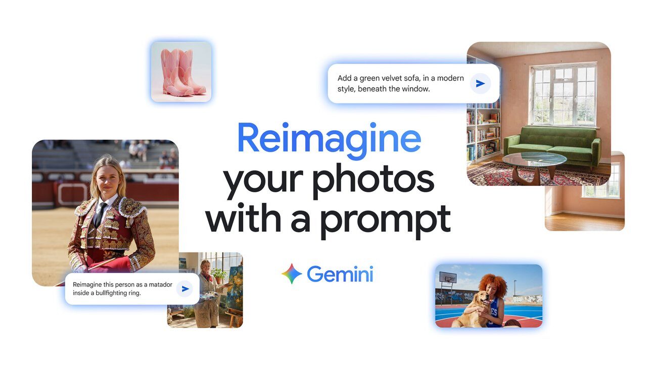 Google'ın Gemini tanıtım görseli: yazılı istemle düzenlenmiş örnek fotoğraflar ve "Reimagine your photos with a prompt" başlığı