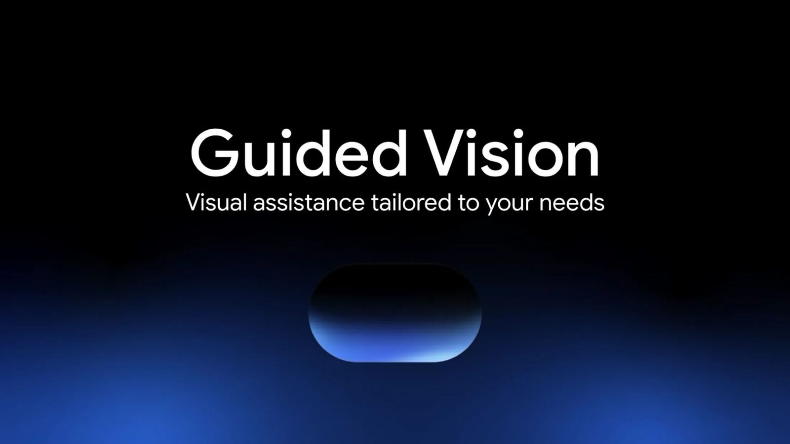 Siyah ve mavi zemin üzerinde "Guided Vision" yazısı ve Gemini Live'ın oval simgesi