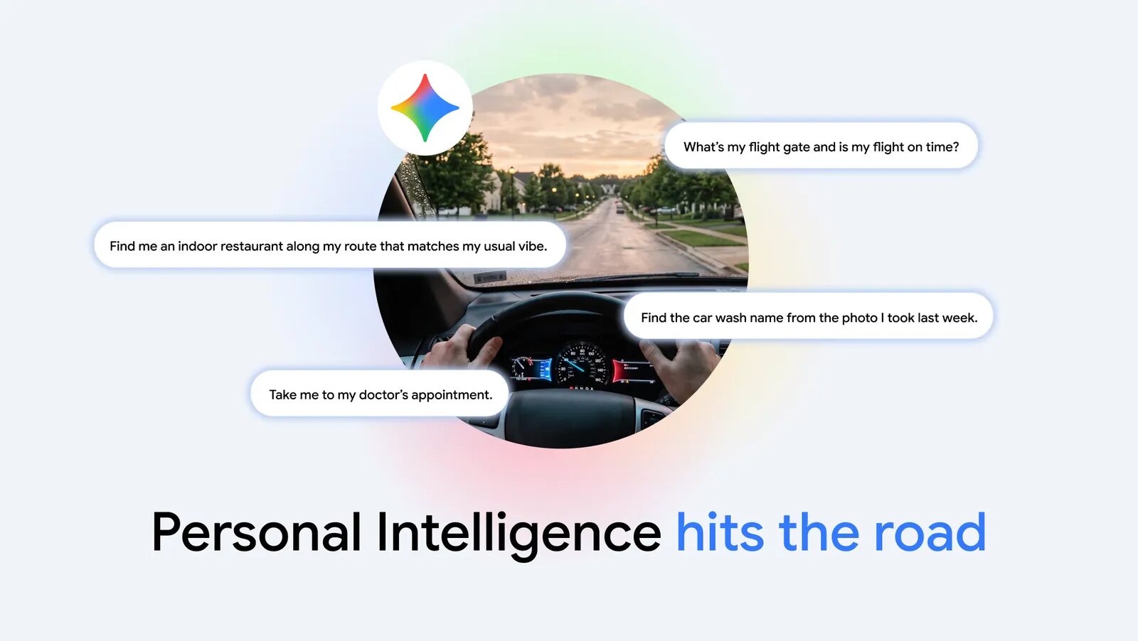 Grafica ufficiale di Google con la vista dal posto di guida e alcune richieste rivolte a Gemini durante il viaggio