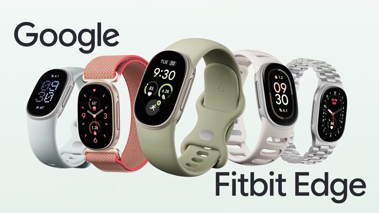 Cinque Google Fitbit Edge con cinturini e quadranti diversi affiancati, in alto a sinistra il logo Google e in basso a destra la scritta Fitbit Edge