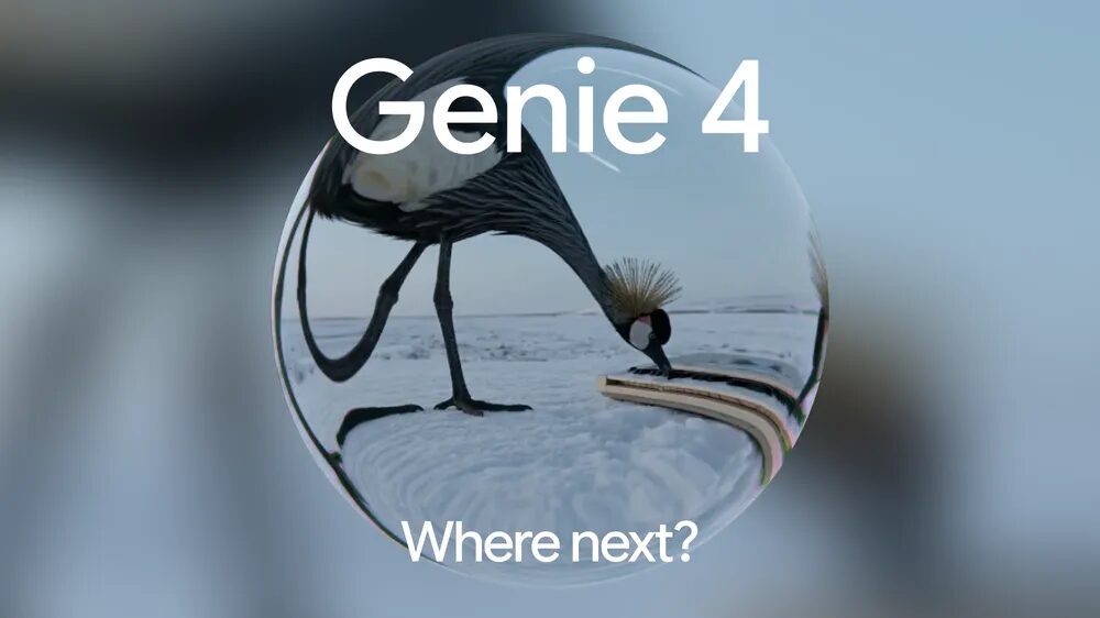 Offizielles Motiv von Google zu Genie 4 mit einem Kronenkranich in einer Schneelandschaft, gezeigt in einer Glaskugel, darunter der Satz „Where next?“