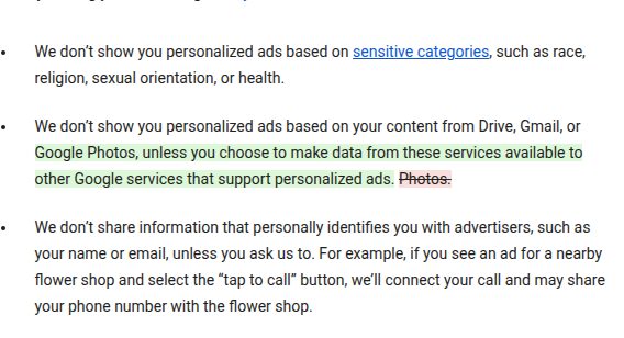 Google gizlilik politikasının karşılaştırma sayfasında Gmail, Drive ve Google Fotoğraflar cümlesine eklenen yeni ifade yeşille işaretli