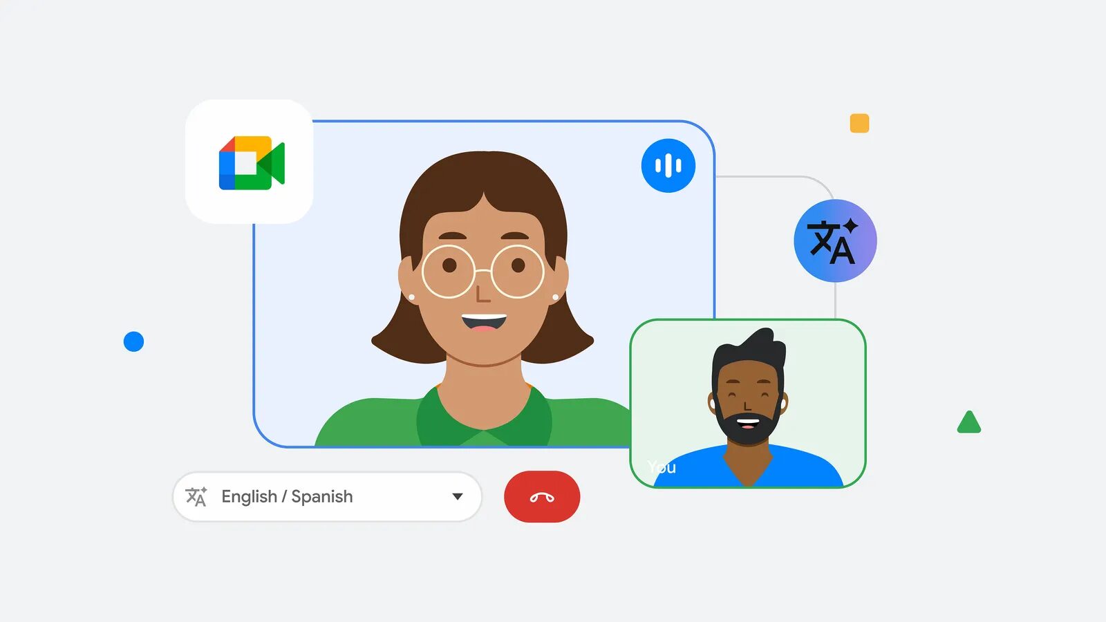 Google Meet görüntülü görüşmesinde iki kişi ve ekranda dil seçimi ile çeviri simgesi bulunan illüstrasyon