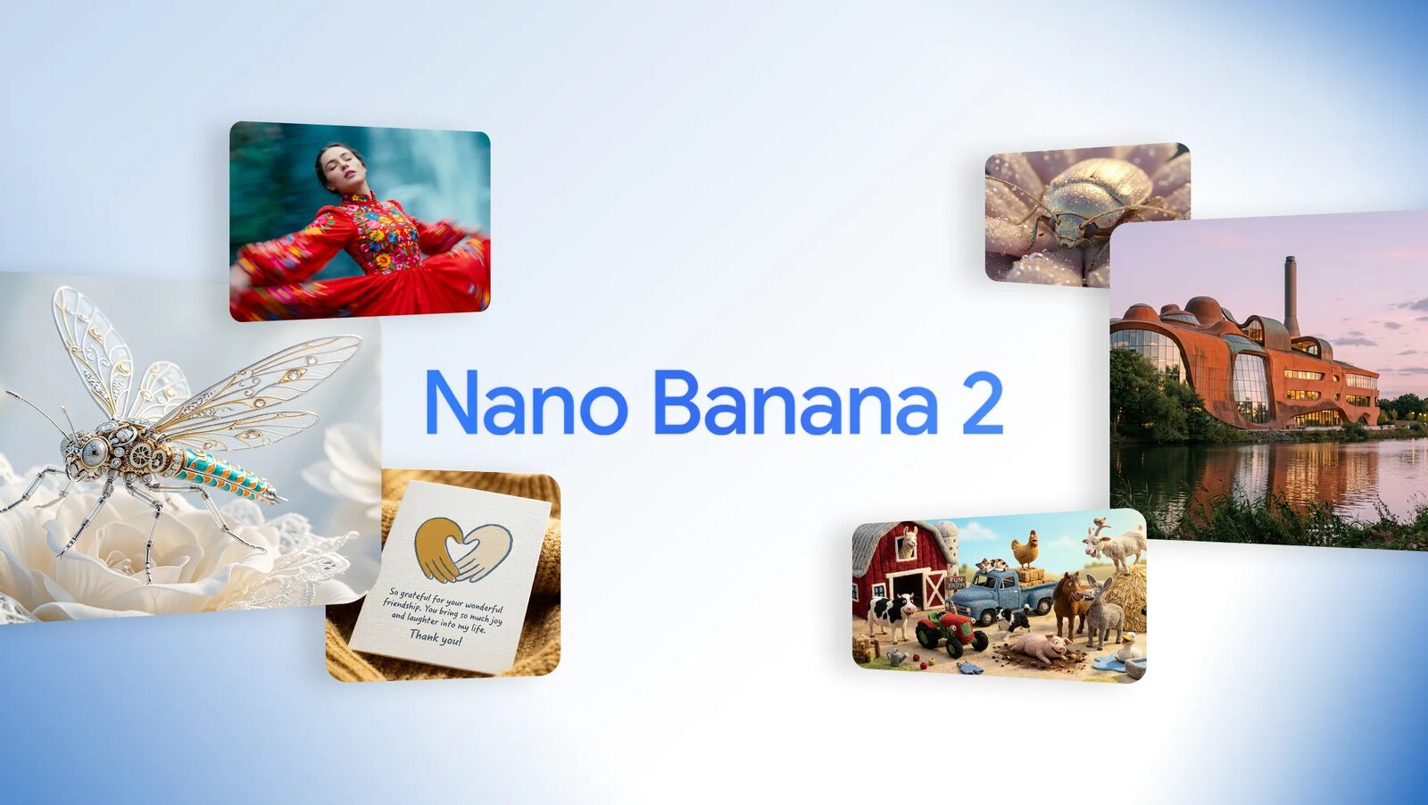 Werbegrafik von Google zum Vorgänger Nano Banana 2 mit mehreren KI-generierten Beispielbildern rund um den Schriftzug