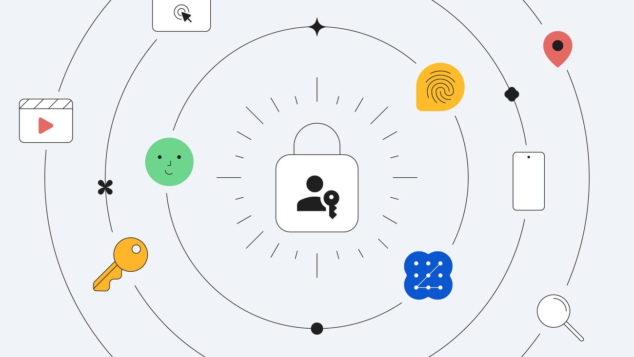 Passkey-Grafik von Google: Schloss mit Personen- und Schlüsselsymbol, umgeben von Symbolen für Fingerabdruck, Gesichtserkennung und Mustersperre