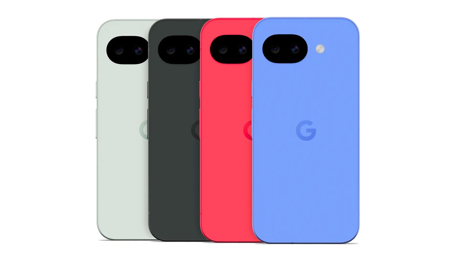 Das Google Pixel 10a in den vier Farben Fog, Obsidian, Berry und Lavender von hinten