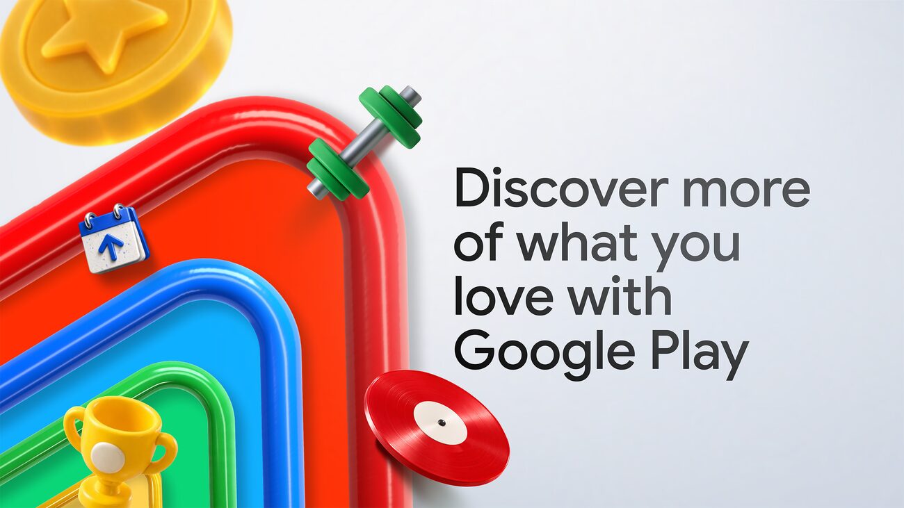 Buntes Google-Play-Dreieck mit Pokal-, Kalender- und Schallplatten-Symbolen und dem Schriftzug „Discover more of what you love with Google Play“