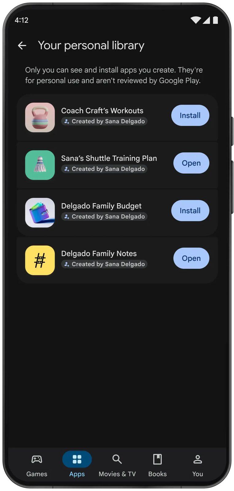 Die neue Ansicht „Your personal library“ im Play Store mit vier selbst erstellten Apps und dem Hinweis, dass Google Play diese Apps nicht prüft