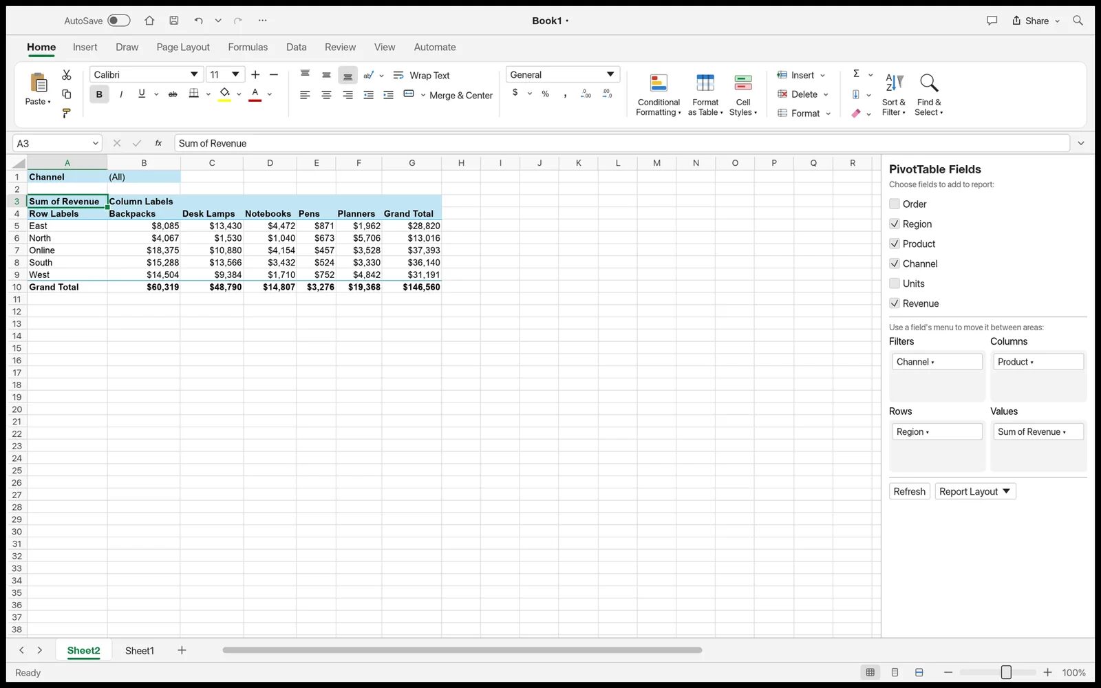 GridCraft mit einer PivotTable und dem Feldbereich am rechten Rand