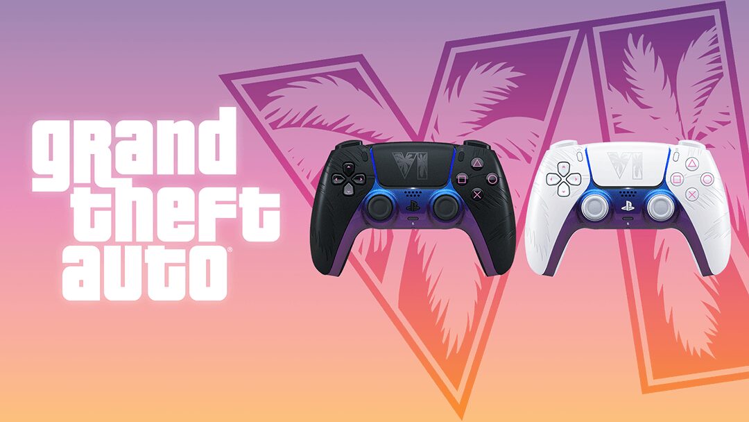 GTA 6 logosunun yanında siyah ve beyaz renkli, mor-mavi geçişli iki DualSense kontrolcü