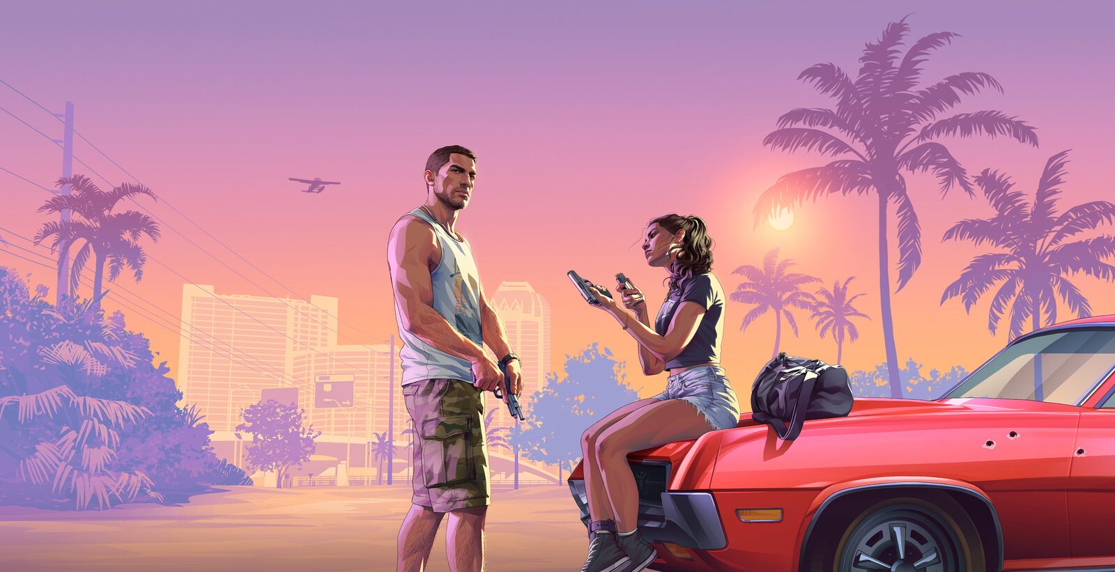 GTA 6'nın resmi çizimi; Jason ve Lucia, Vice City'de gün batımında palmiyelerin önünde kırmızı bir arabanın yanında duruyor