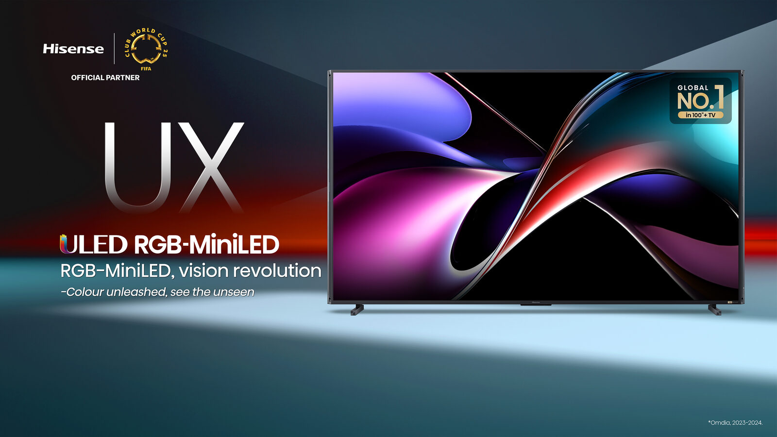 Hisense'in 116 inçlik UX RGB MiniLED televizyonunun resmi tanıtım görseli