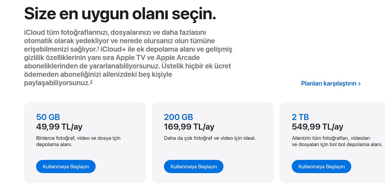 Apple Türkiye sitesinde iCloud+ planları; 50 GB, 200 GB ve 2 TB seçenekleri aylık TL fiyatlarıyla