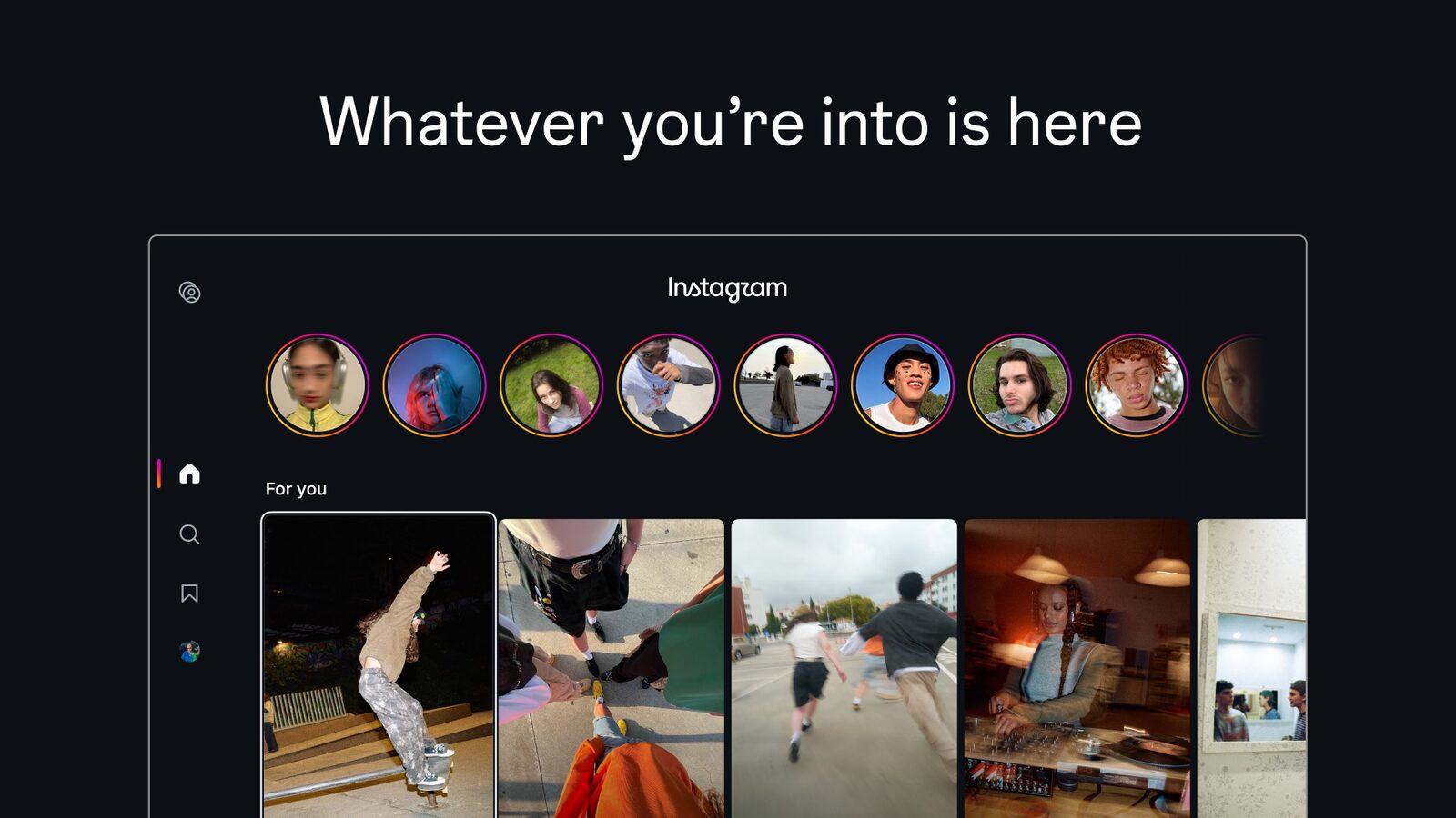 Instagram'ın Apple TV arayüzü; üstte hikâye halkaları, altta "For you" başlıklı dikey video kartları