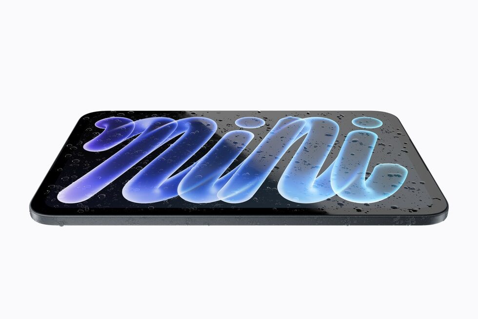Bild: Apple Das neue iPad mini liegt mit Wassertropfen auf dem Display auf einer weißen Fläche