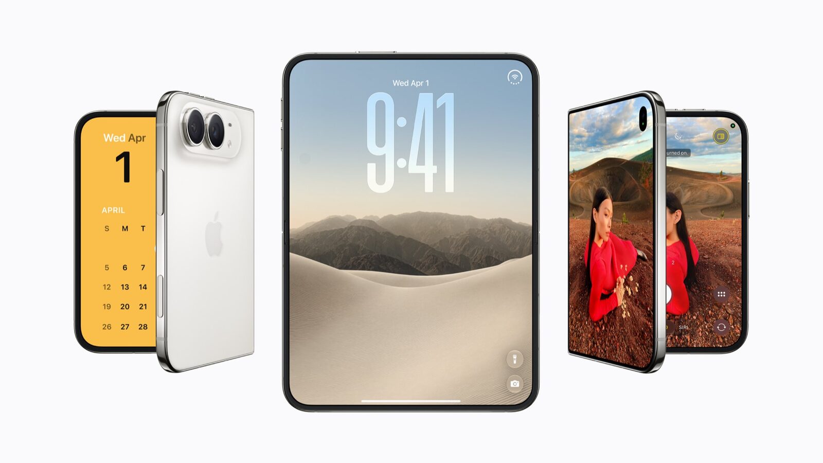 Tre iPhone Duo in fila, due chiusi e uno aperto al centro