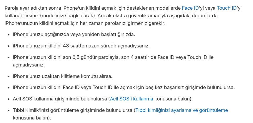 Apple'ın destek sayfasında iPhone'un parola istediği durumlar