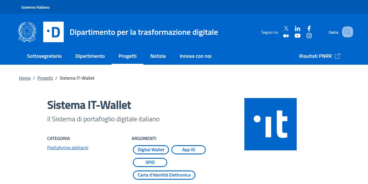 La pagina ufficiale del Sistema IT-Wallet sul sito del Dipartimento per la trasformazione digitale, con il logo blu .it
