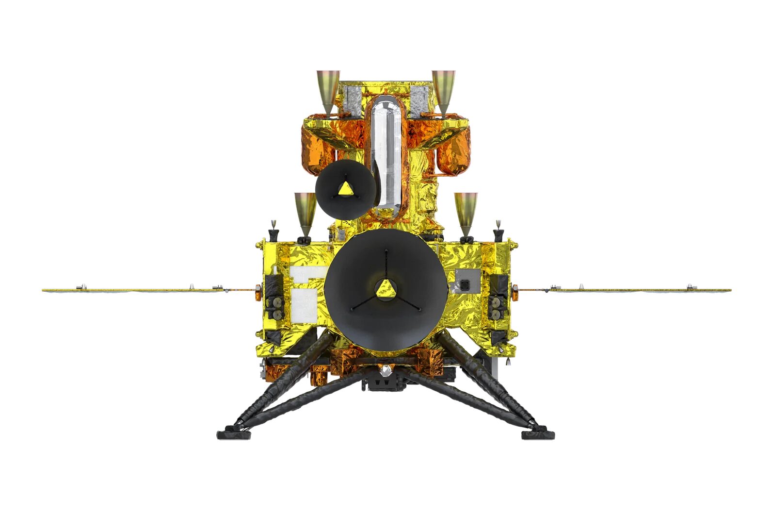 3D-weergave van de MMX-ruimtesonde van JAXA met goudkleurige isolatiefolie, antennes en landingspoten