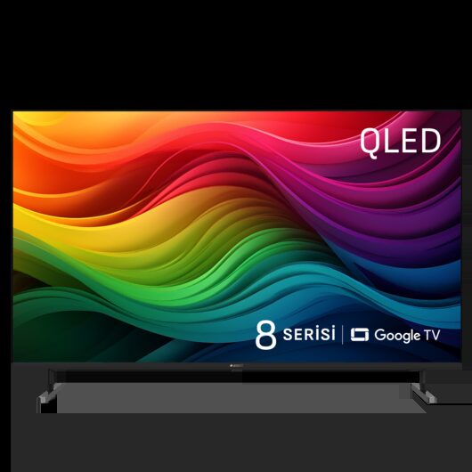 Arçelik 8 Serisi QLED televizyon önden görünüm, ekranda renkli dalga deseni