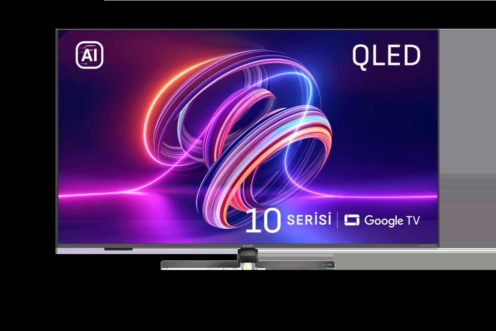 Arçelik Imperium 10 AI QLED televizyon önden görünüm, ekranda mor-mavi halka animasyonu
